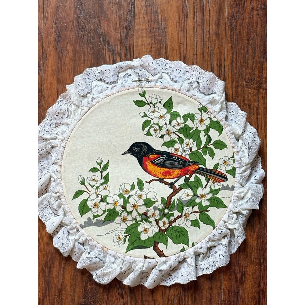Vtg Goldfinch Bird Fabric Wall Hanging Lace Ruffle Embroidery Hoop Cottagecore